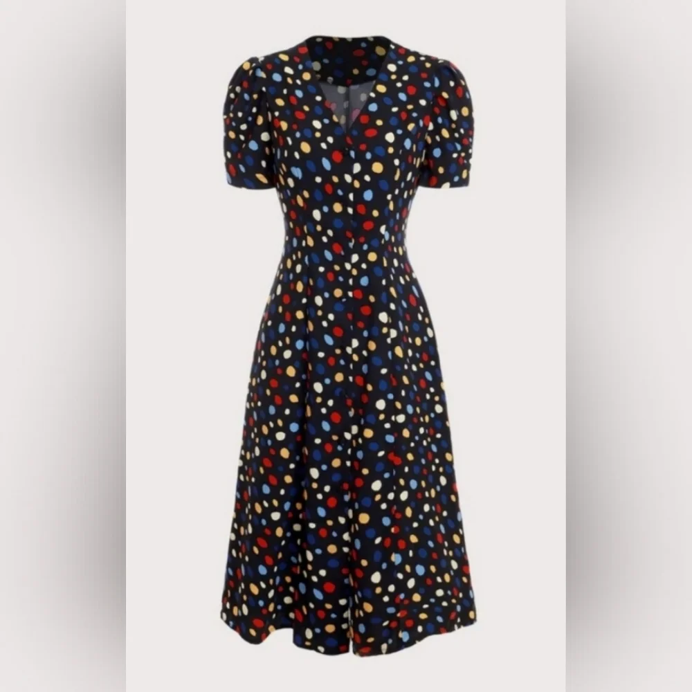 Rihoas Polka Dot Midi Dress Slim Tie Back XL Button Front Fit Flare Black S/S - Picture 2 of 11